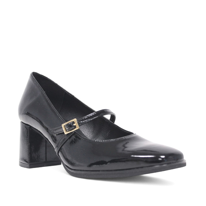 Zapatos tacón Daniela Vega negros con efecto charol y estilo mercedita - Querol online