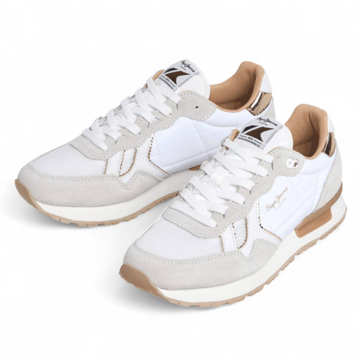 Zapatillas urban Pepe Jeans brit mirror blancas con detalles marrones y dorados - Querol online