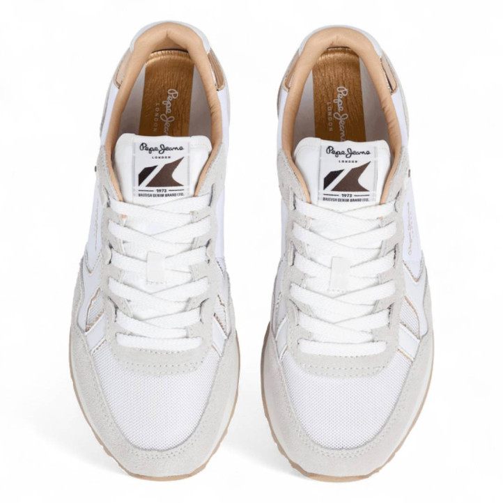 Zapatillas urban Pepe Jeans brit mirror blancas con detalles marrones y dorados - Querol online