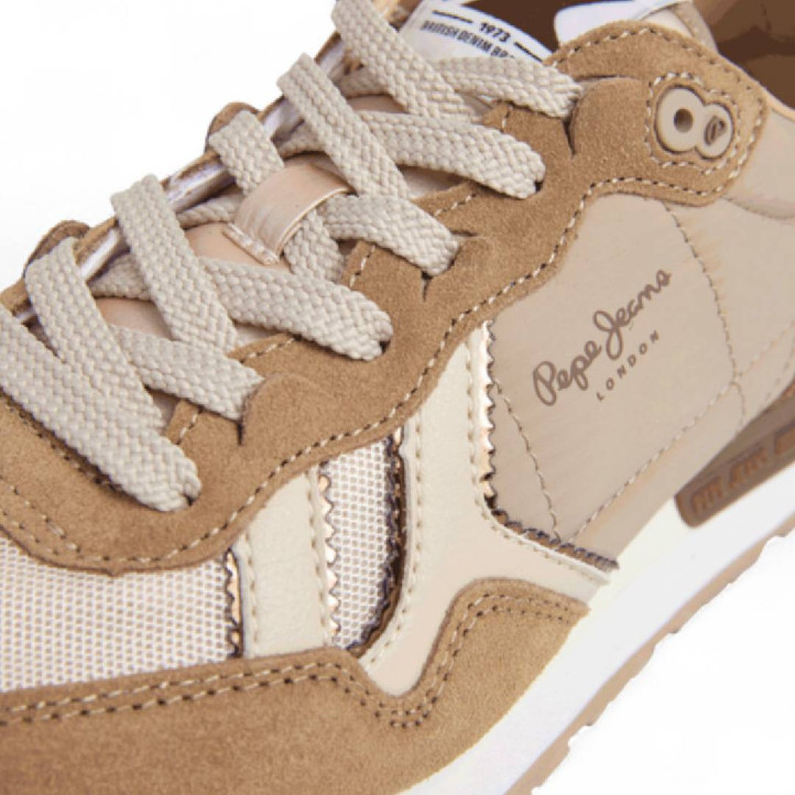 Zapatillas urban Pepe Jeans brit mirror marrones con detalles beige y dorados - Querol online
