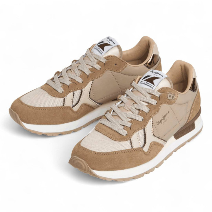 Zapatillas urban Pepe Jeans brit mirror marrones con detalles beige y dorados - Querol online