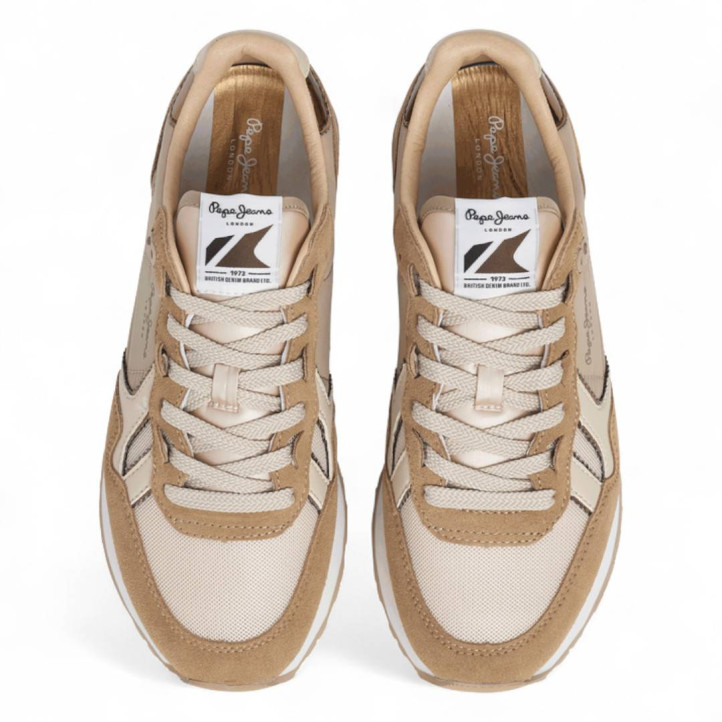 Zapatillas urban Pepe Jeans brit mirror marrones con detalles beige y dorados - Querol online