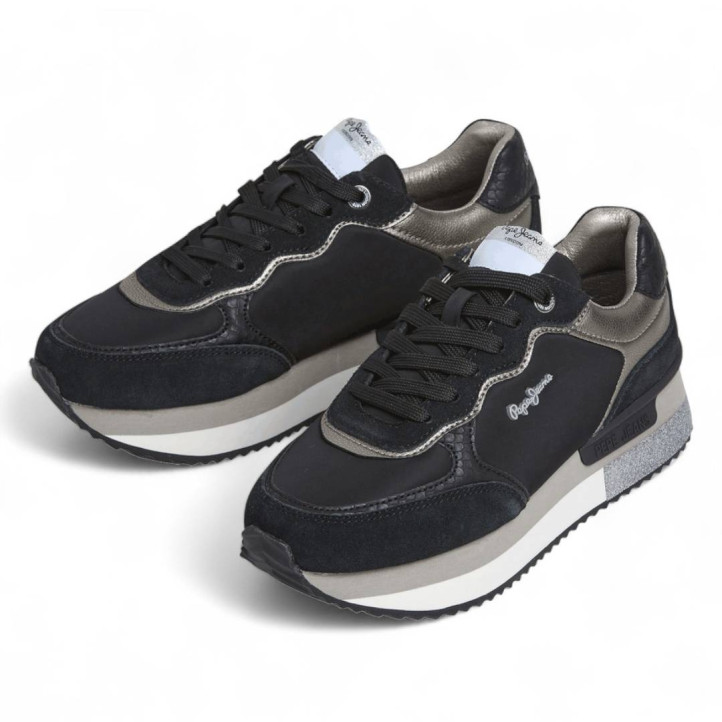 Zapatillas urban Pepe Jeans rusper glam negras con detalles plateados - Querol online