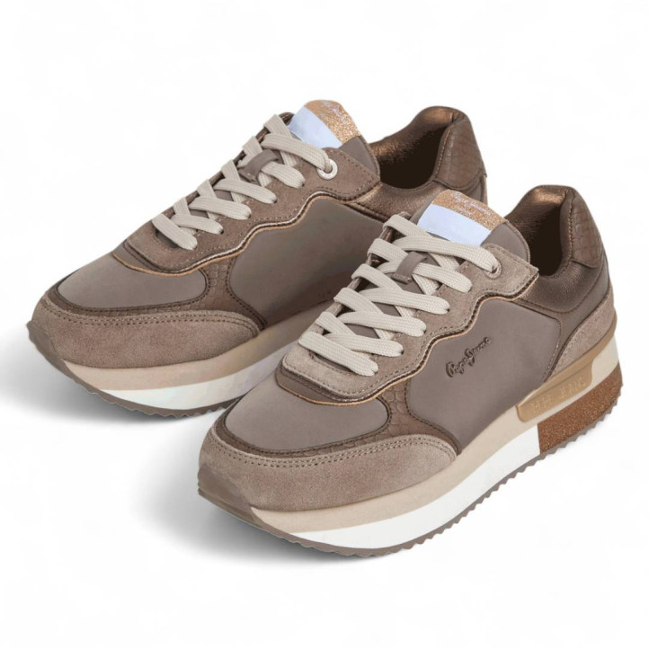 Zapatillas urban Pepe Jeans rusper glam marrones con detalles en bronce - Querol online