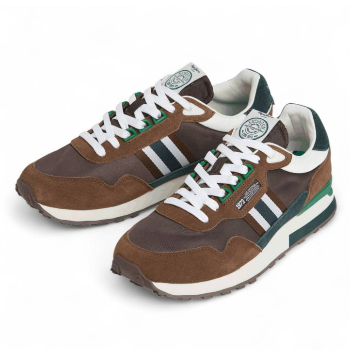 Zapatillas deportivas Pepe Jeans kingston college marrones con detalles verdes y blancos - Querol online