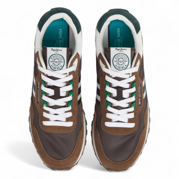 Zapatillas deportivas Pepe Jeans kingston college marrones con detalles verdes y blancos - Querol online