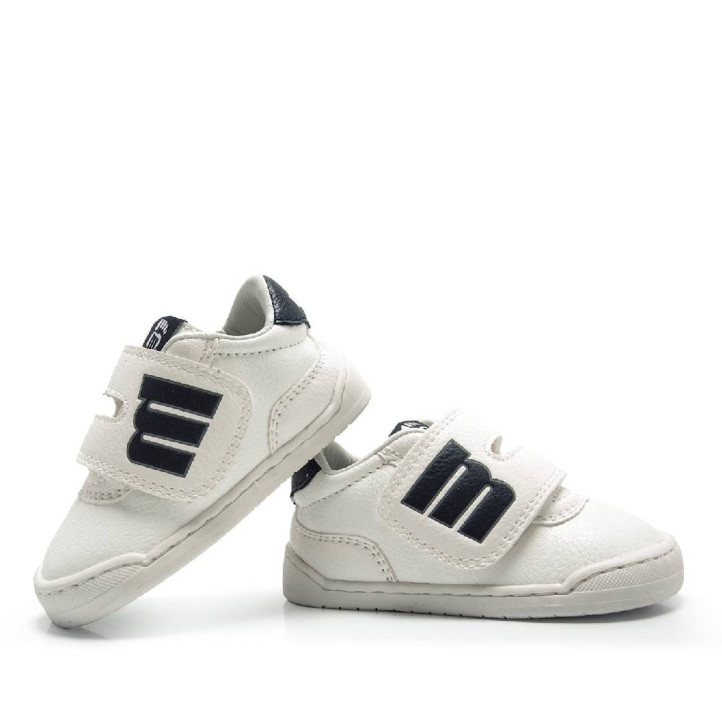Zapatillas deporte Mustang free baby blancas con paneles azules y velcro respetuosas - Querol online
