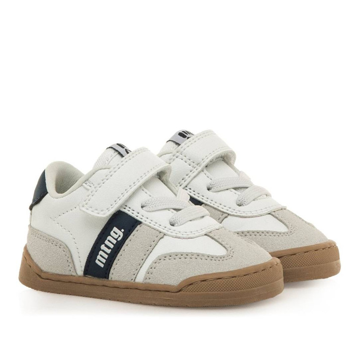 Zapatillas deporte Mustang free baby blancas y azules con paneles de diferentes texturas respetuosas - Querol online
