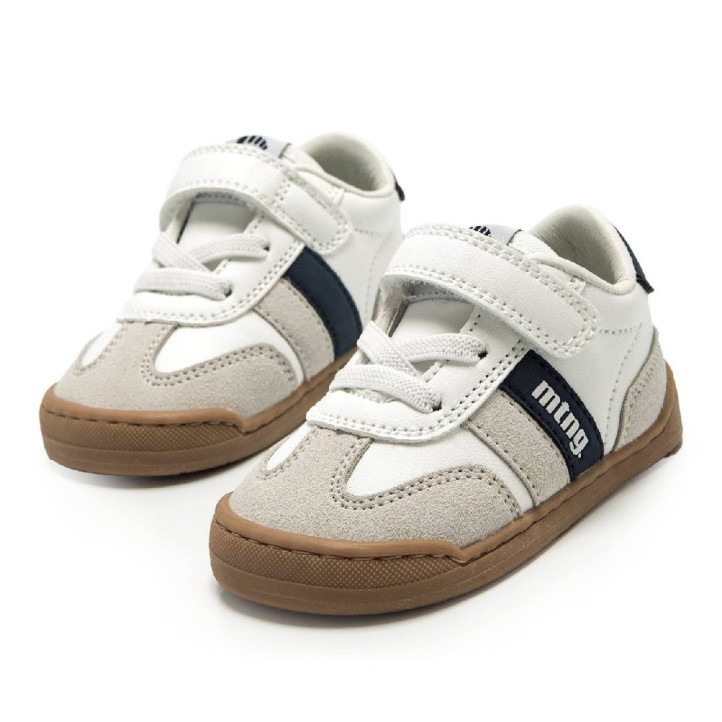 Zapatillas deporte Mustang free baby blancas y azules con paneles de diferentes texturas respetuosas - Querol online