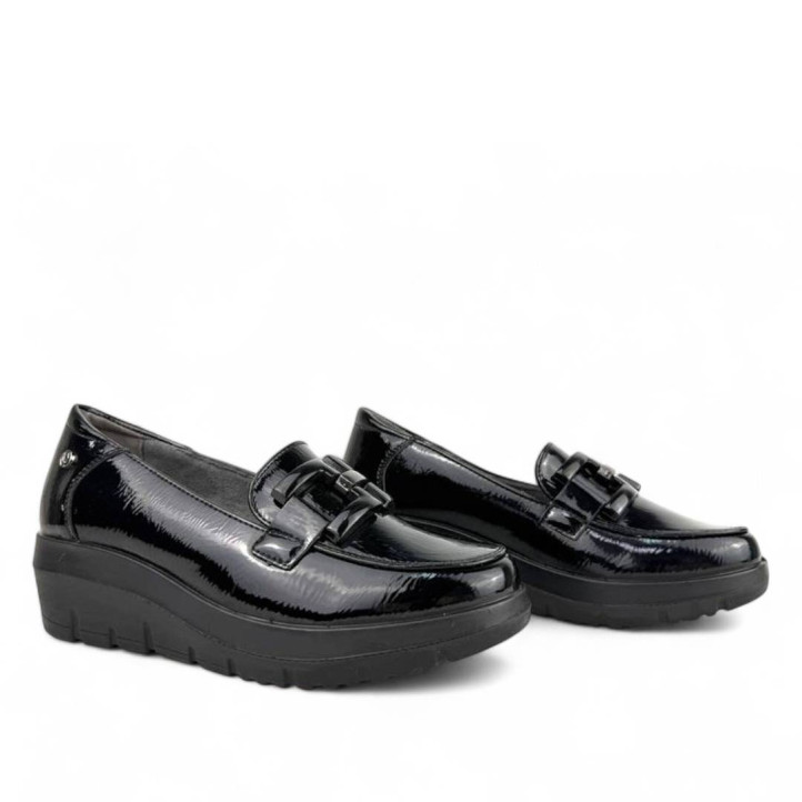 Zapatos cuña Mysoft negro con hebilla doble cuadrada y cuña - Querol online