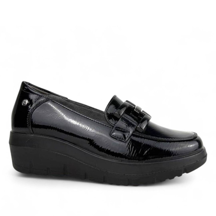 Zapatos cuña Mysoft negro con hebilla doble cuadrada y cuña - Querol online