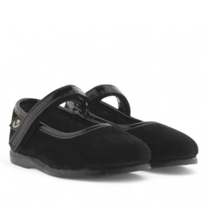 Zapatos Victoria alba negras efecto terciopelo y detalles en charol - Querol online