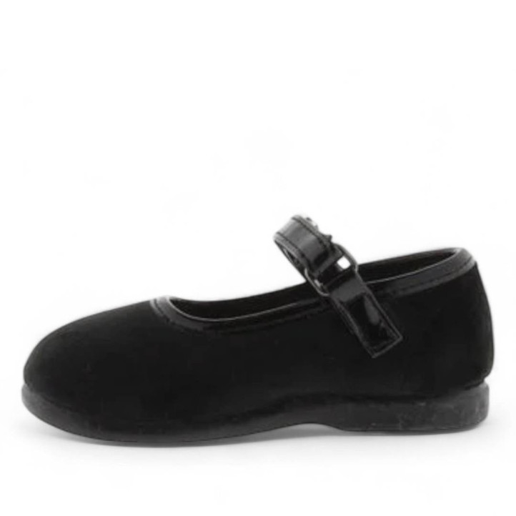 Zapatos Victoria alba negras efecto terciopelo y detalles en charol - Querol online