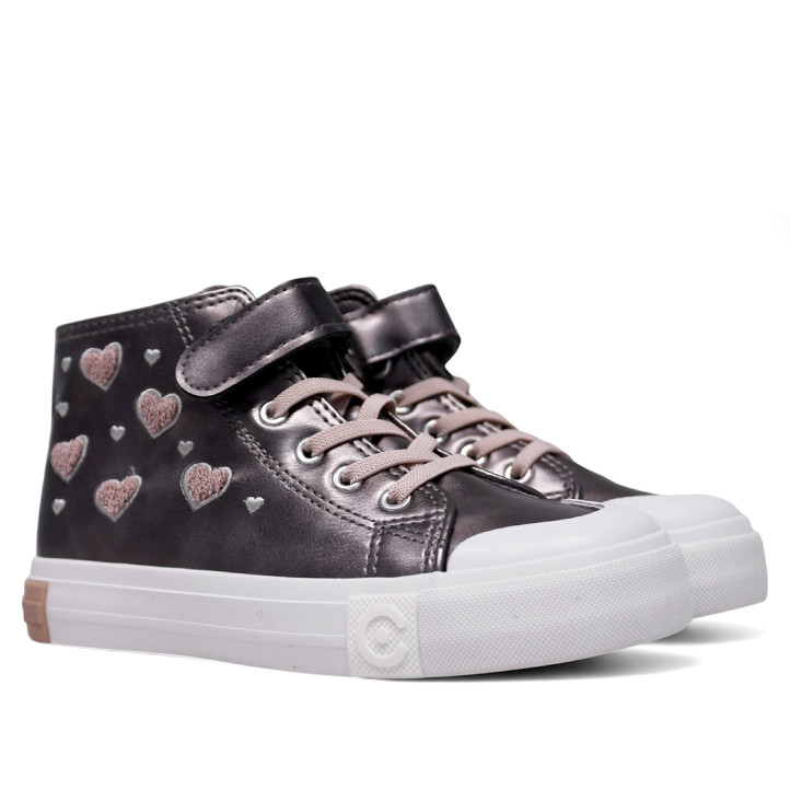 Zapatillas Conguitos plateadas con corazones rosas cordones elásticos y cierre con velcro - Querol online