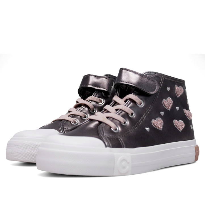 Zapatillas Conguitos plateadas con corazones rosas cordones elásticos y cierre con velcro - Querol online