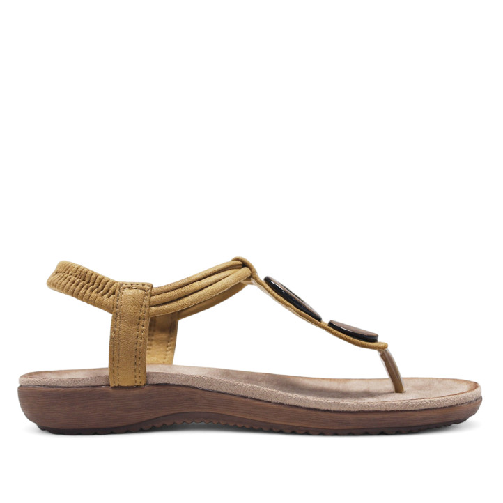 Sandalias planas Amarpies marrones de dedo y cogidas al tobillo con detalles de madera - Querol online