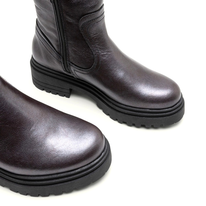 BOTINES DE PIEL METALIZADA MOKA CON CREMALLERA CINTIA PORRONET - Querol online