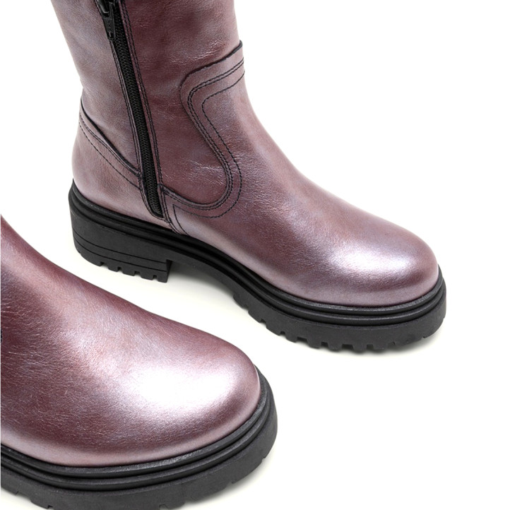 BOTINES DE PIEL METALIZADA BURDEOS CON CREMALLERA CINTIA PORRONET - Querol online