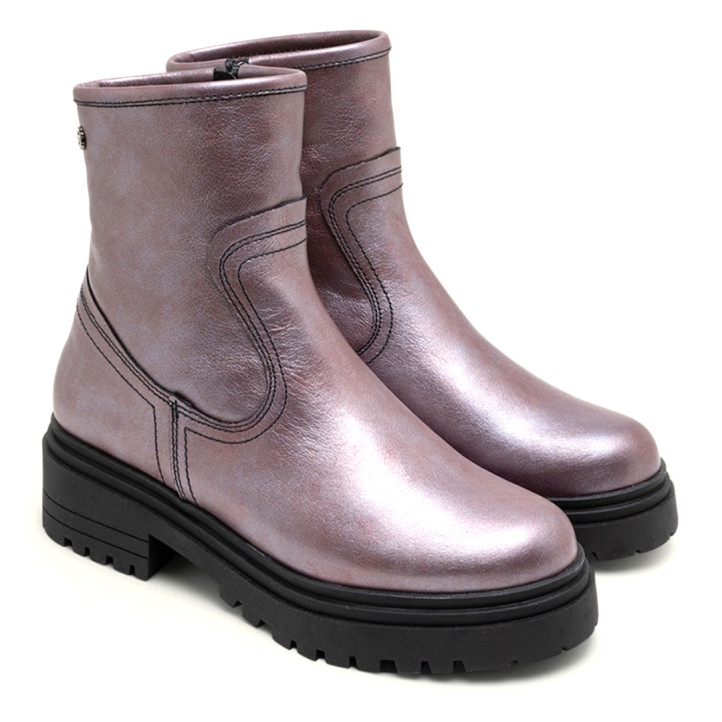 BOTINES DE PIEL METALIZADA BURDEOS CON CREMALLERA CINTIA PORRONET - Querol online