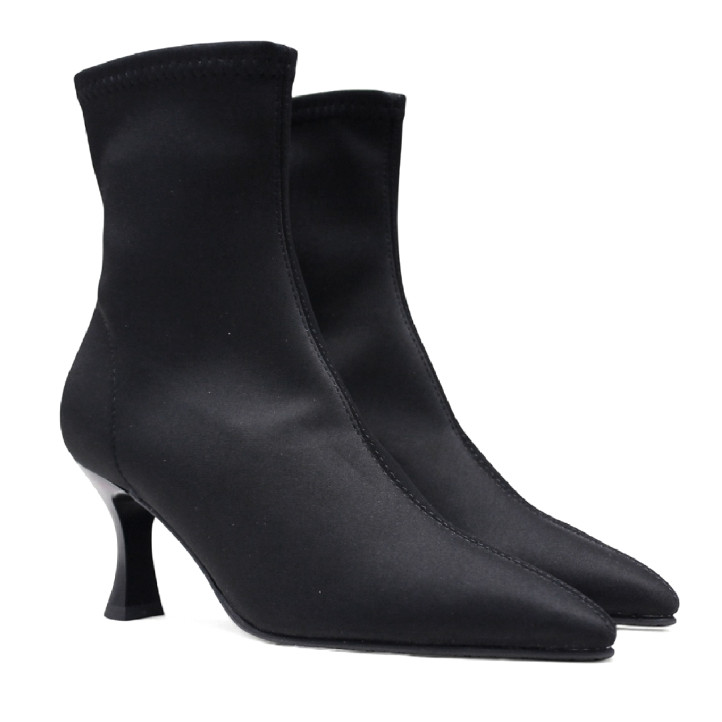 Botines tacón Miss Elastic negros de lycra efecto calcetín con tacón fino - Querol online