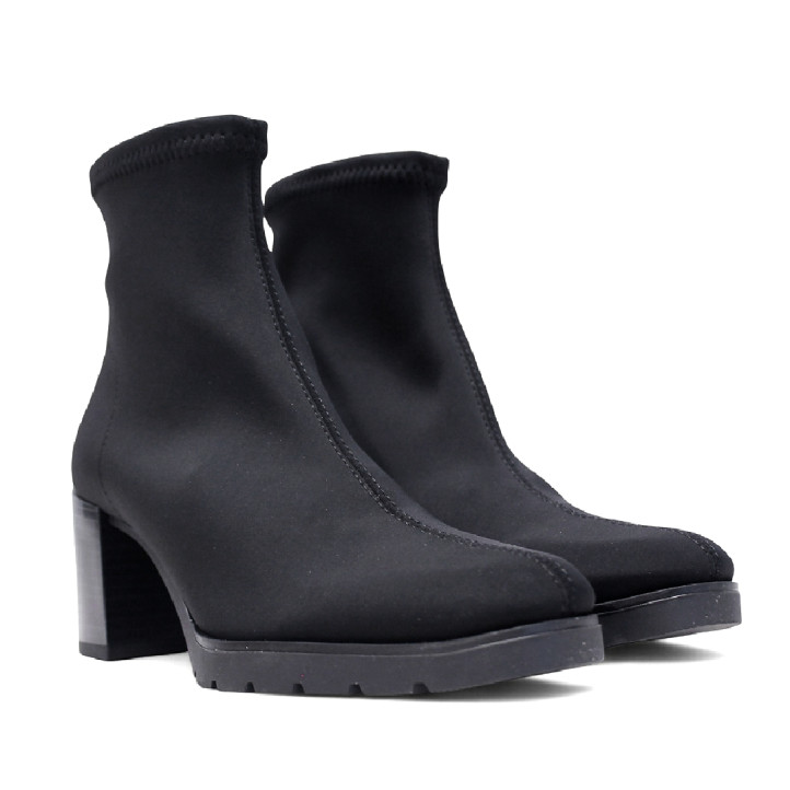 Botines tacón Miss Elastic negros de lycra efecto calcetín con tacón cuadrado - Querol online