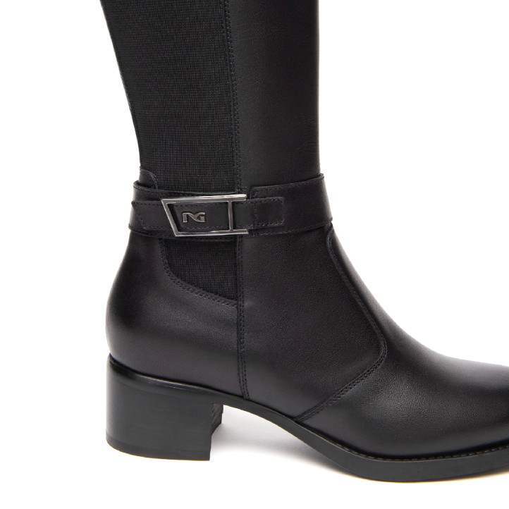 Botas tacón Nero Giardini negras de piel y tejido con hebilla decorativa - Querol online