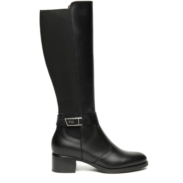 Botas tacón Nero Giardini negras de piel y tejido con hebilla decorativa - Querol online
