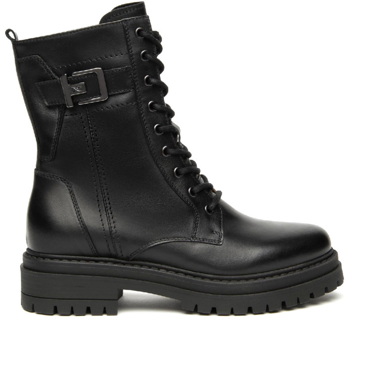 Botines planos Nero Giardini negras estilo militar de piel con hebilla decorativa y cremallera interior - Querol online