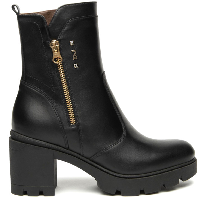 Botines tacón Nero Giardini negros de piel con suela track y detalles dorados - Querol online