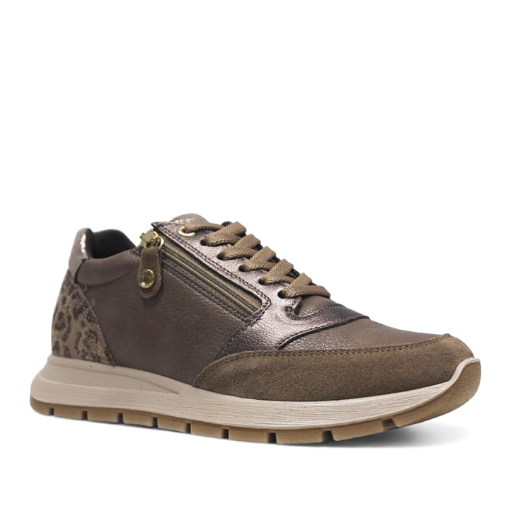 Zapatillas urban Imac marrones de piel con cremallera lateral y panel trasero de animal print - Querol online