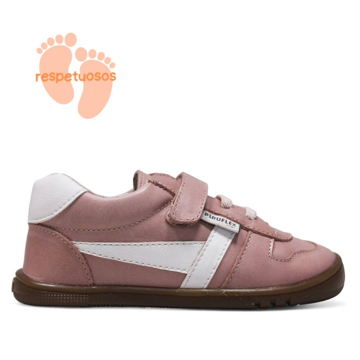 Zapatillas deporte Pirufin rosas y blancas de piel con cordones elásticos y velcro respetuosas - Querol online