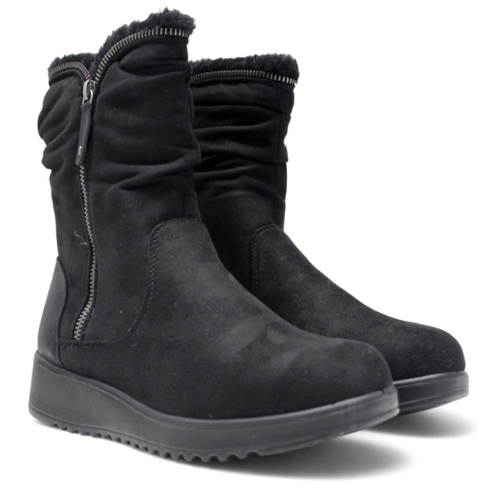 Botines planos Amarpies negros con pelo interior y cremallera decorativa - Querol online