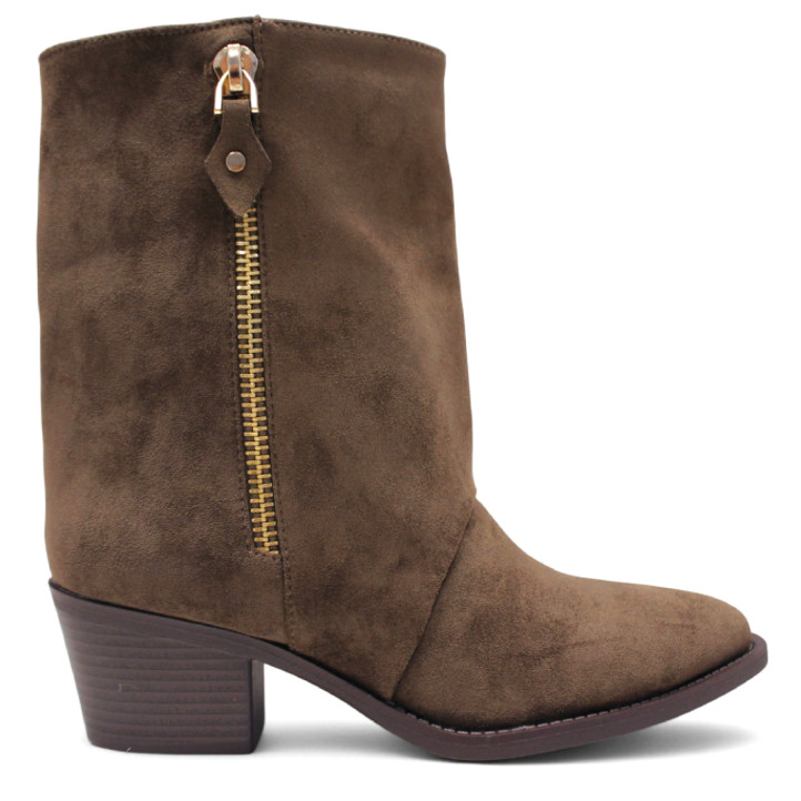 Botins de taló BB Up marrons amb cremallera decorativa i taló mig - Querol online