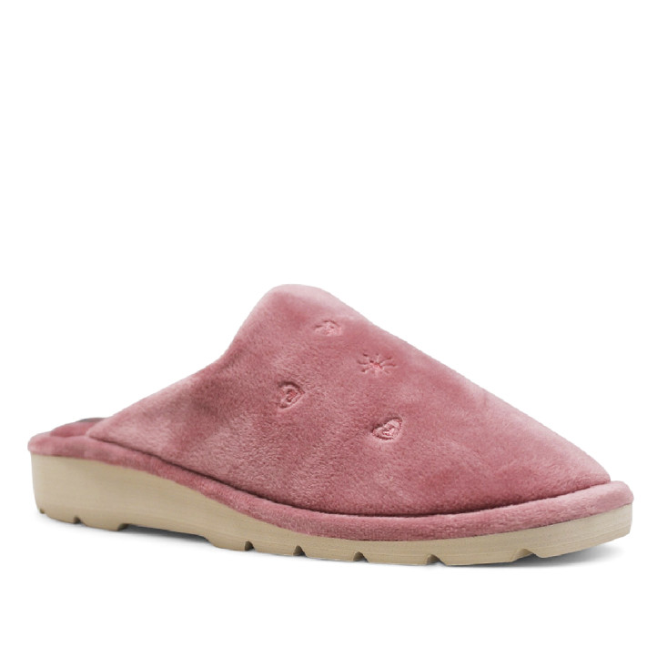 Zapatillas casa BEREVERE rosas con pelito y dibujos de corazones y estrellas - Querol online