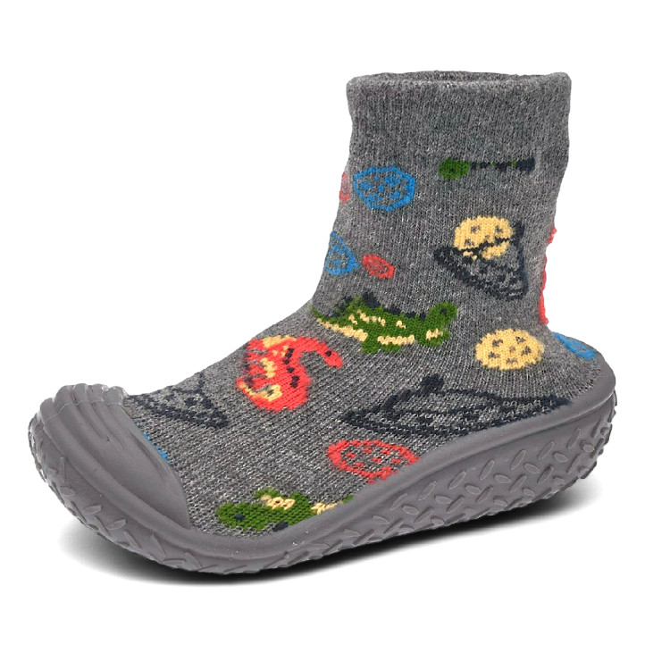 Zapatillas casa Chicco taipei grises estilo calcetín con ovnis y dinosaurios - Querol online