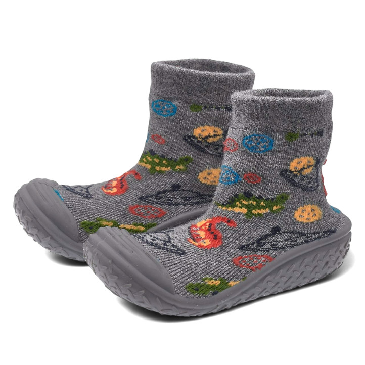 Zapatillas casa Chicco taipei grises estilo calcetín con ovnis y dinosaurios - Querol online
