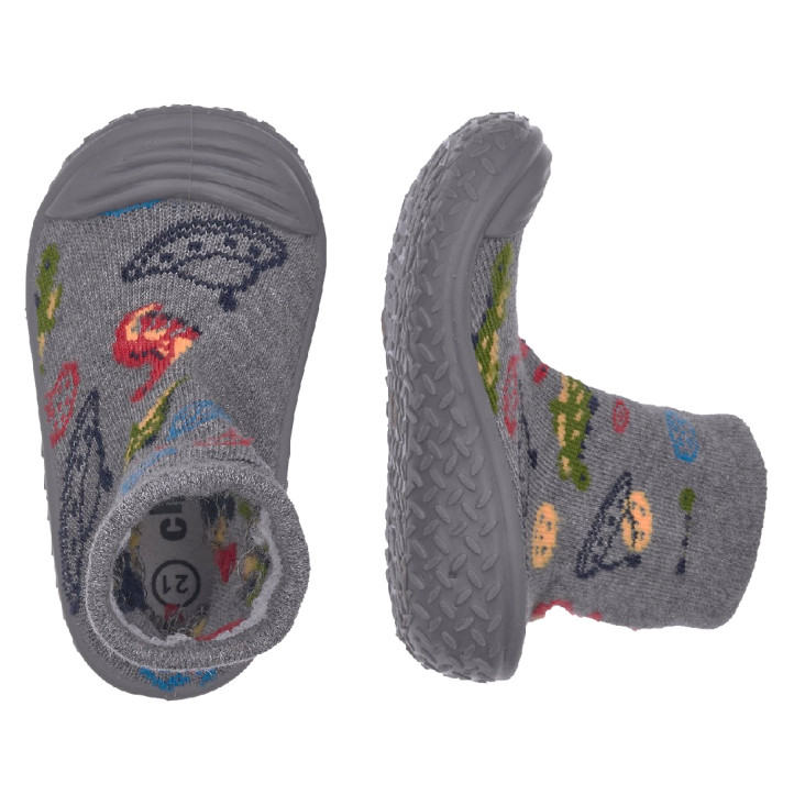 Zapatillas casa Chicco taipei grises estilo calcetín con ovnis y dinosaurios - Querol online