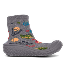 Zapatillas casa Chicco taipei grises estilo calcetín con ovnis y dinosaurios - Querol online