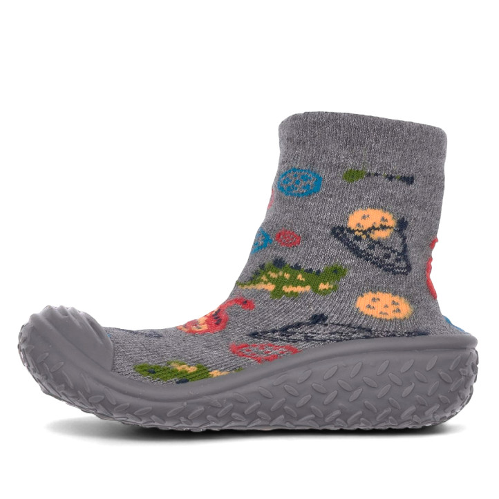 Zapatillas casa Chicco taipei grises estilo calcetín con ovnis y dinosaurios - Querol online