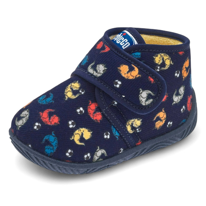 Zapatillas casa Chicco tofu azules con dinosaurios y pelotas de fútbol - Querol online