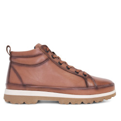 Botins plans 48H marrons amb detall blanc a la sola i cremallera lateral de pell - Querol online