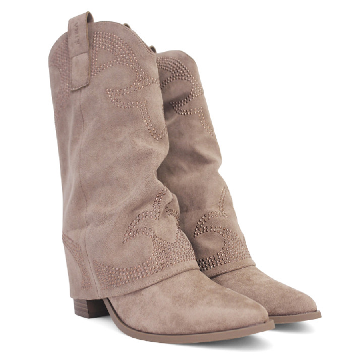 Botas tacón ETIKA anna taupe estilo cowboy polaina - Querol online