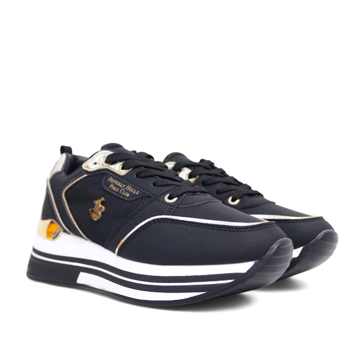 Zapatillas cuña U.S. POLO ASSN. sophie mix negras con detalles blancos y dorados - Querol online