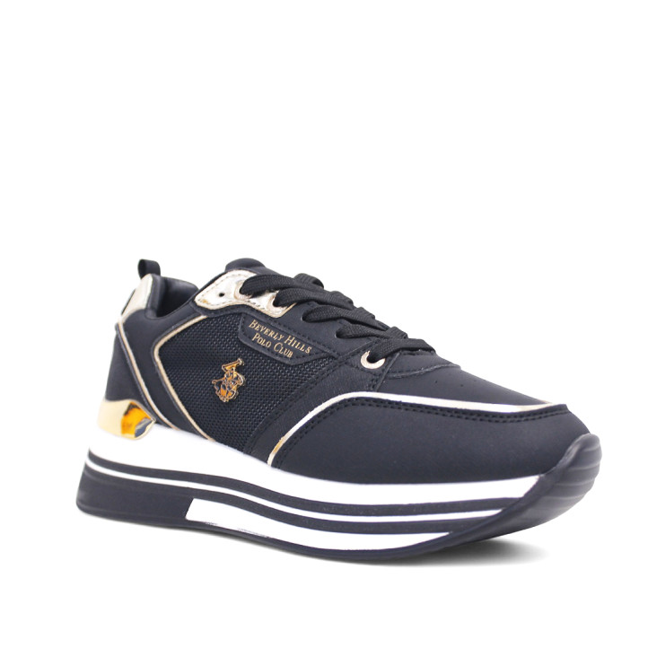 Zapatillas cuña U.S. POLO ASSN. sophie mix negras con detalles blancos y dorados - Querol online