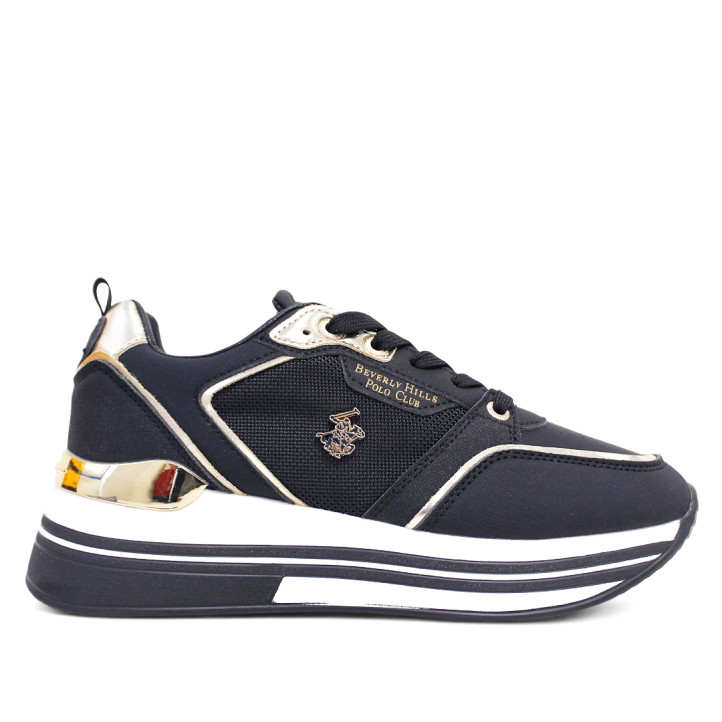 Zapatillas cuña U.S. POLO ASSN. sophie mix negras con detalles blancos y dorados - Querol online