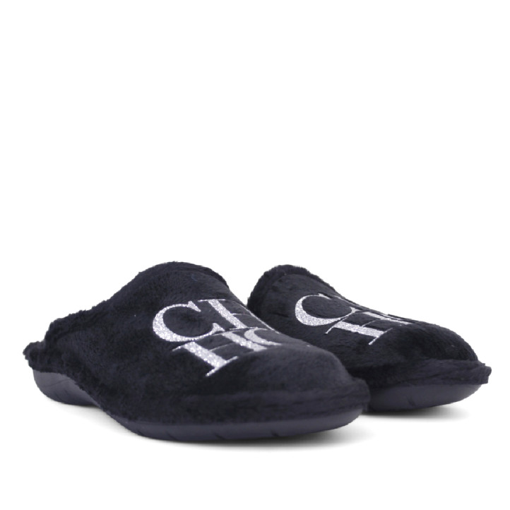 Zapatillas casa SUAVEFLEX negras con letras plateadas - Querol online