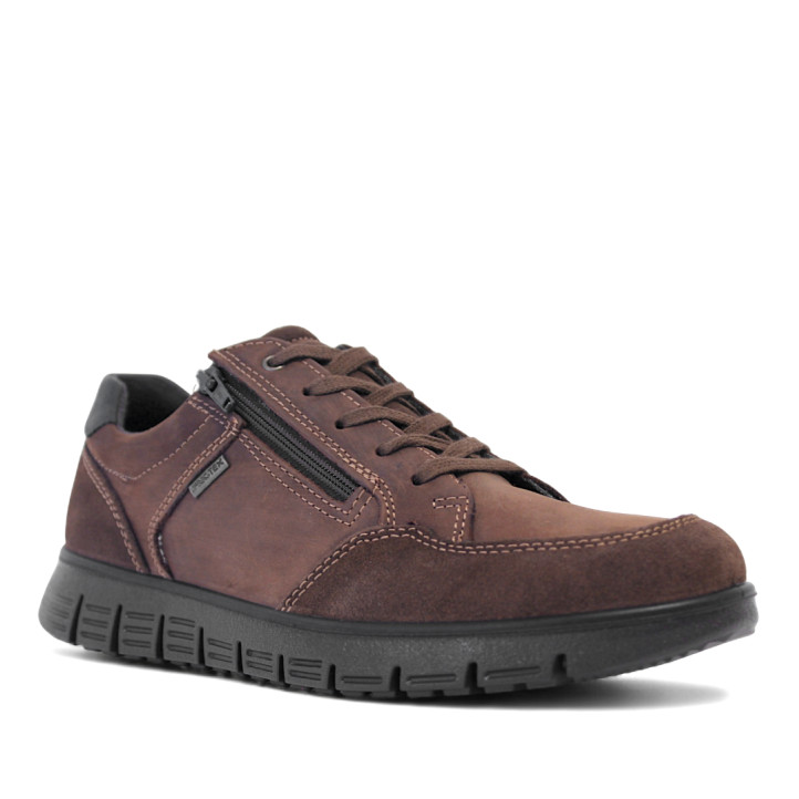 Zapatos sport Imac marrones de piel con paneles en diferentes texturas y trasera en gris - Querol online
