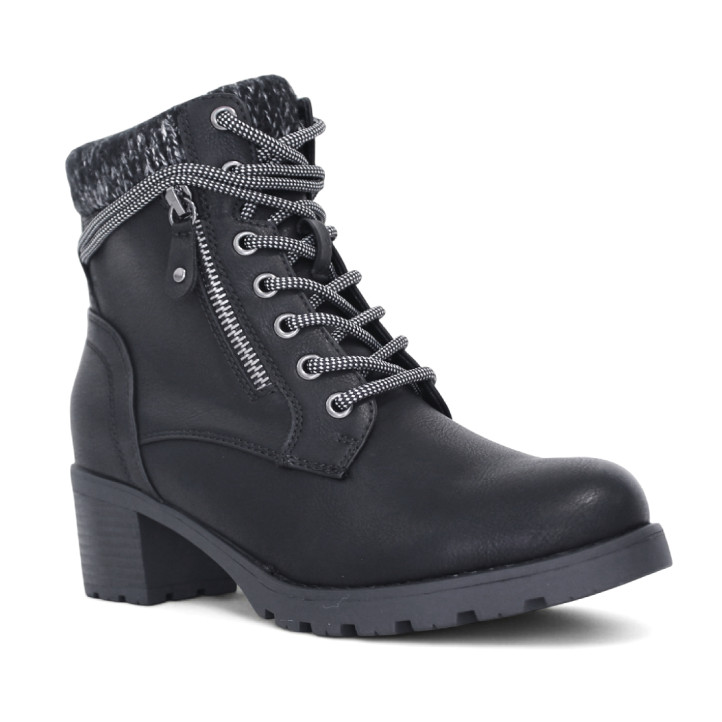 Botines tacón Owel lille negros con cremallera doble y cordones y cuello de punto - Querol online