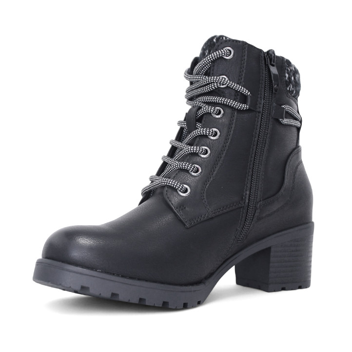 Botines tacón Owel lille negros con cremallera doble y cordones y cuello de punto - Querol online