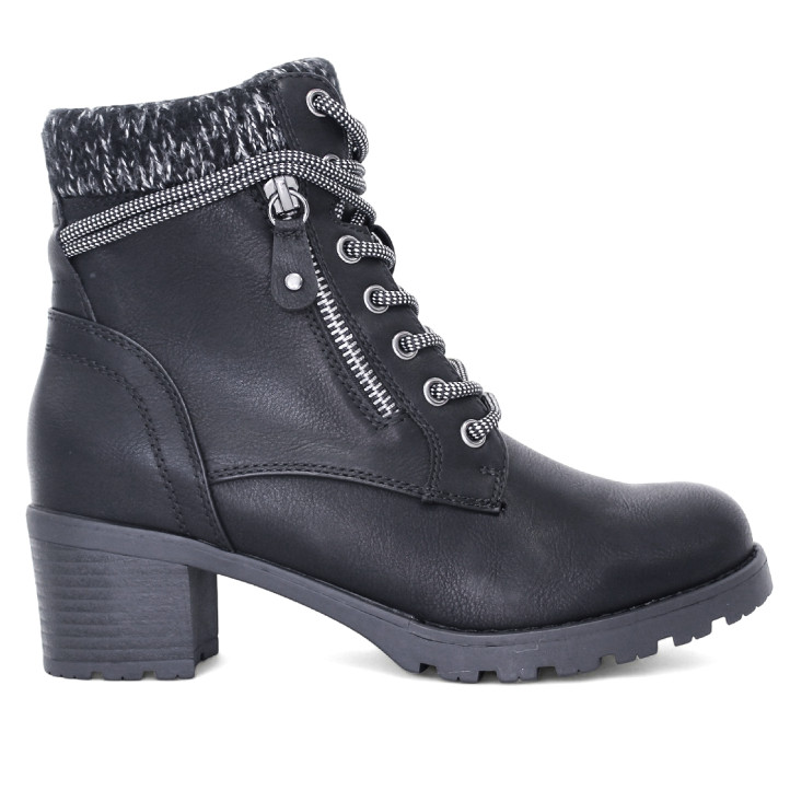 Botines tacón Owel lille negros con cremallera doble y cordones y cuello de punto - Querol online
